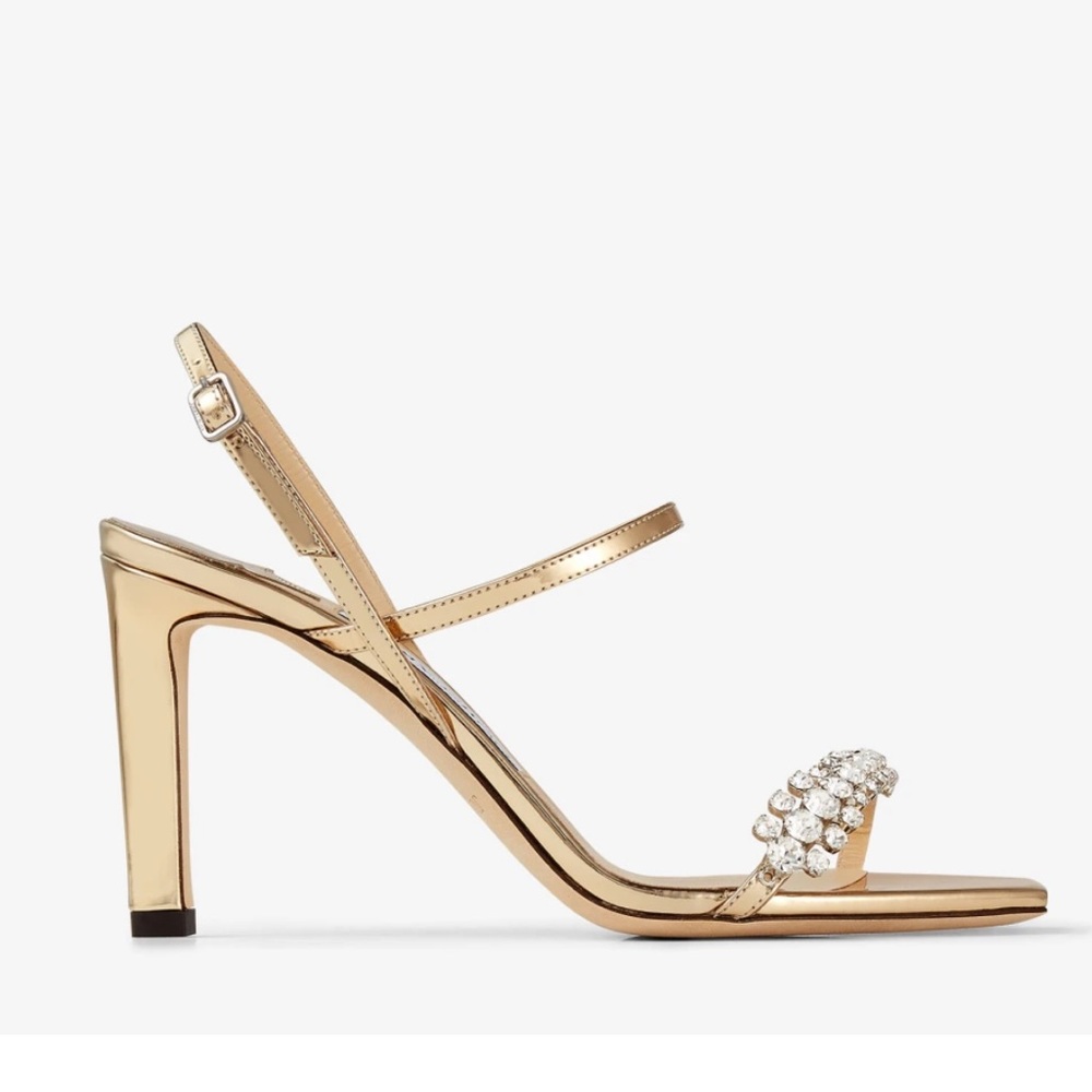 Jimmy Choo Meira 85 Gold Leather Sandals with Crystal Embellishment, like new - Picture 2 of 14